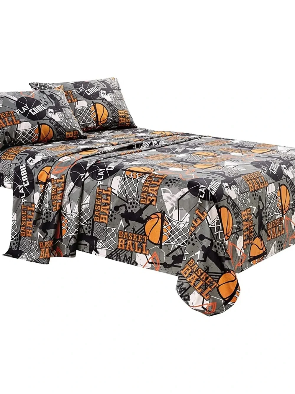 Basketball Print Sheet Set - Orange & Gray Sports Bedding